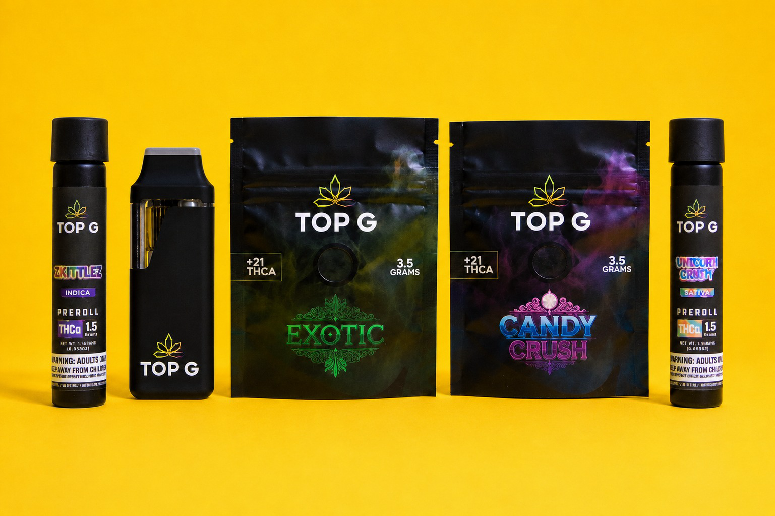 Top G Farm Miami Night Bundle - Exotic and Candy Crush hemp flower, Live Rosin disposable vape, and two 1.5g THCa pre-rolls